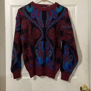 Beautiful vintage burgundy blue and black acrylic sweater. Size S.